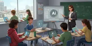 Students and teacher engaging with AI-powered learning tools in a modern K-12 classroom.