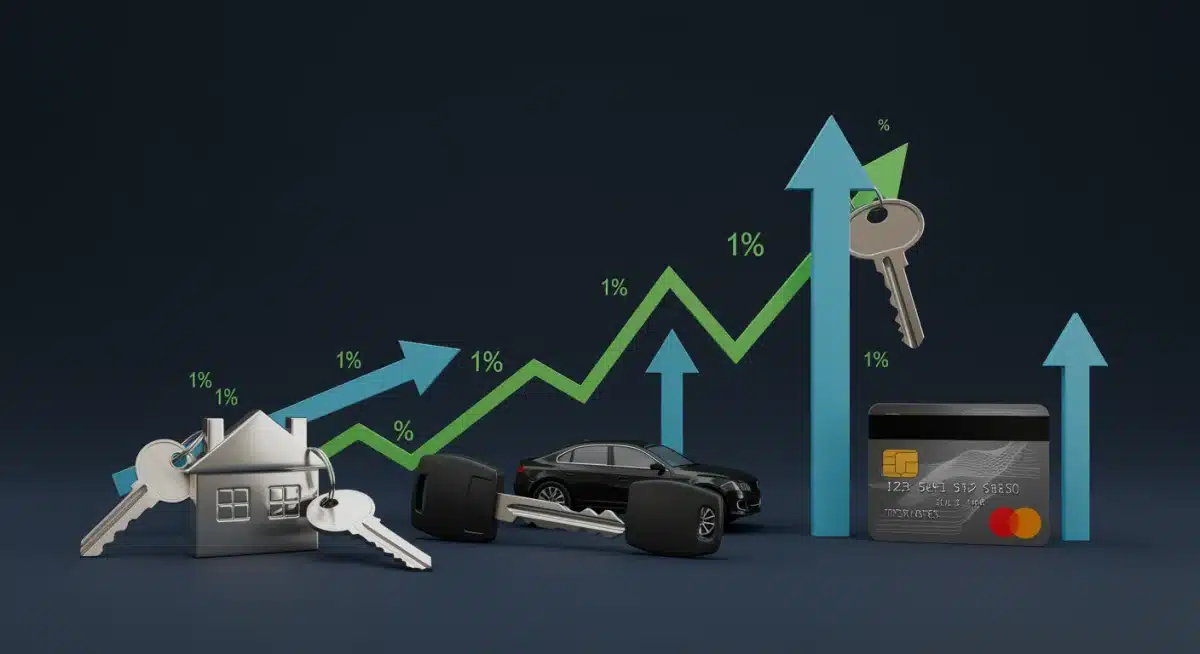Illustrating rising interest rates across mortgages, auto loans, and credit cards.