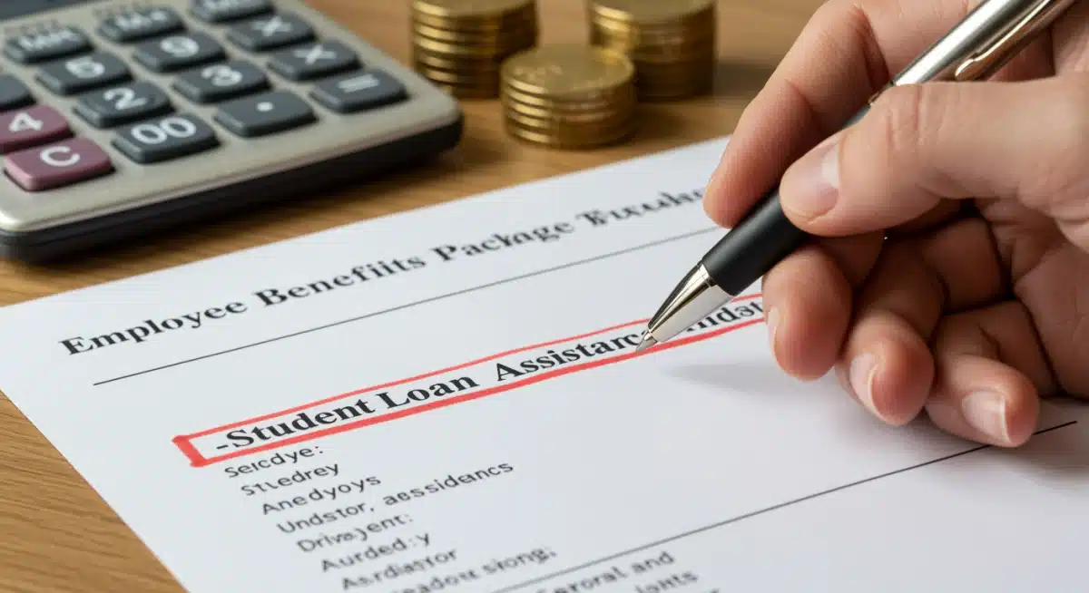Hand reviewing employee benefits package with student loan assistance details.