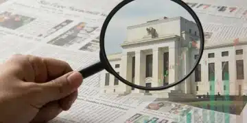 Magnifying glass over financial data with Federal Reserve building in background, symbolizing economic analysis.
