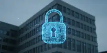Digital padlock over office building, symbolizing federal cybersecurity mandates for US businesses.