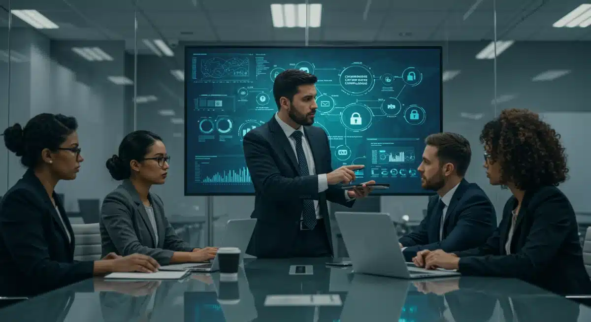 Business team collaborating on cybersecurity compliance strategies in a modern office.