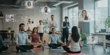 Employees utilizing diverse mental health support services in a modern workplace setting.