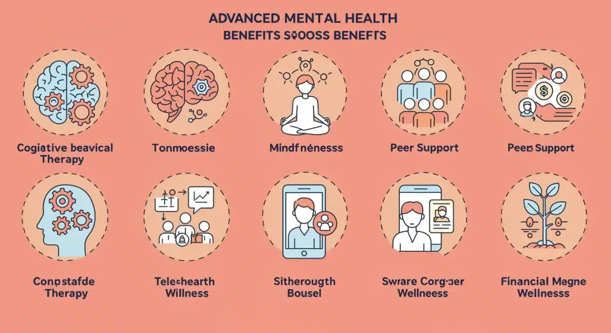 Infographic illustrating five modern mental health benefits offered by employers.