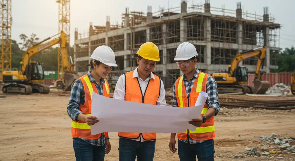 Construction workers reviewing blueprints at infrastructure project site