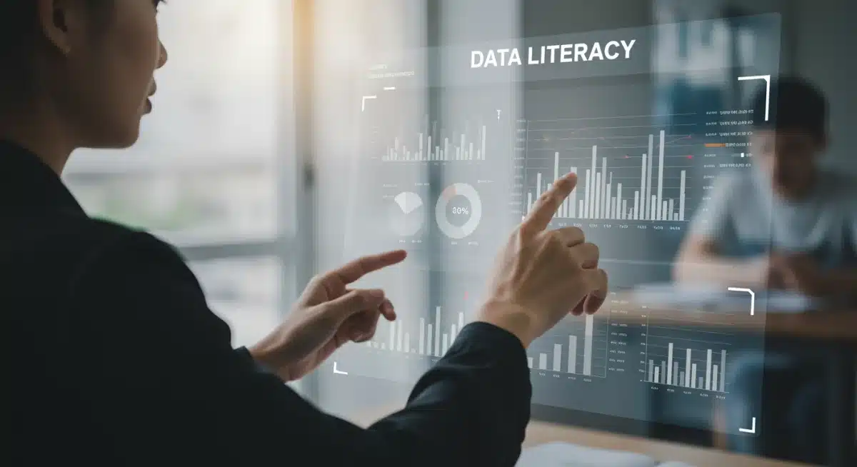 Student analyzing data on a digital dashboard, demonstrating data literacy