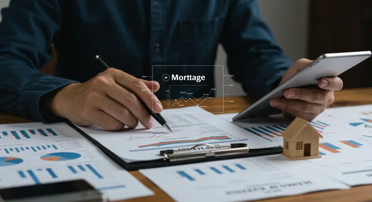 Person reviewing mortgage statement on tablet with financial charts