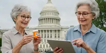 Senior woman smiling with prescription bottle, benefiting from new drug cost policies.