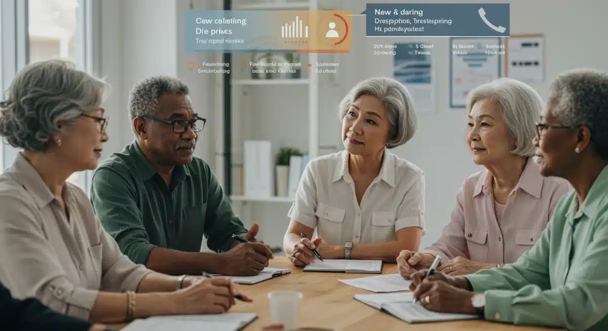 Seniors discussing new healthcare policies and prescription drug cost reductions.