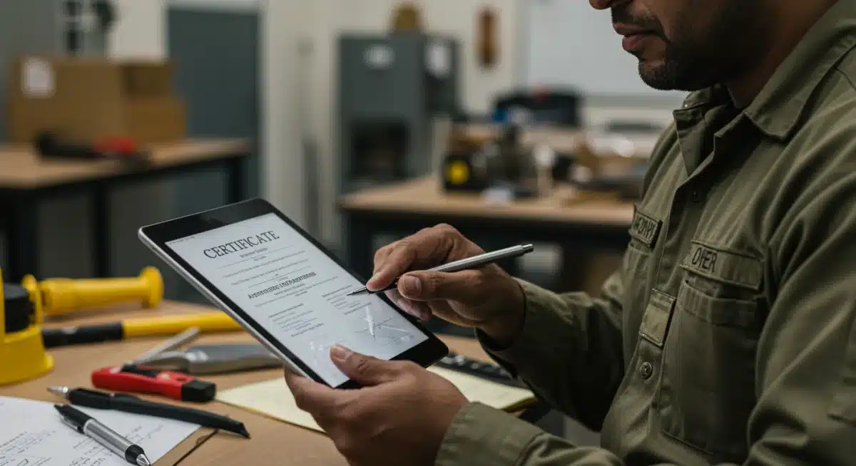 Veteran reviewing vocational program details on tablet