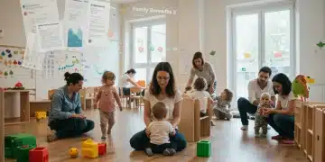 Parents and children in a modern childcare facility, symbolizing evolving family benefits policies.