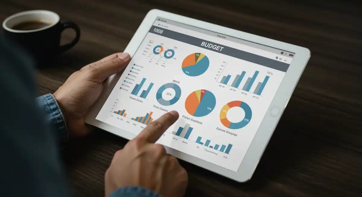 Person reviewing digital budget tracker with expense categories and income graphs