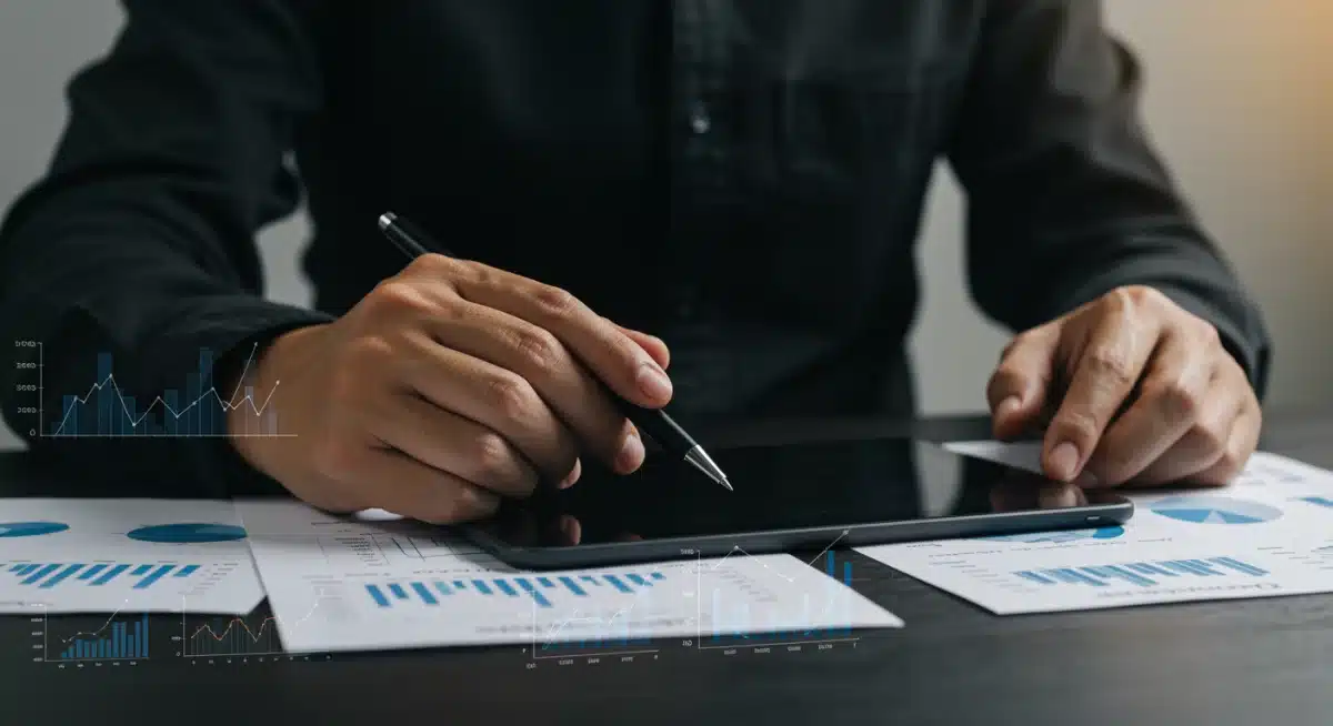 Investor reviewing financial statements on a tablet for tax planning.