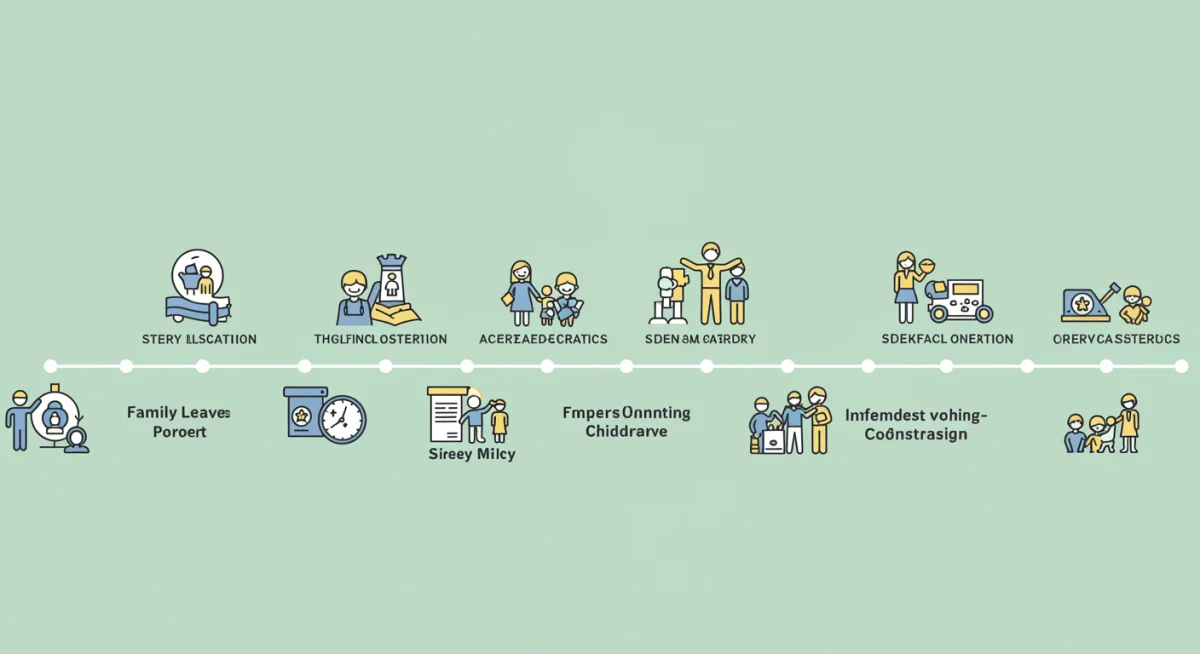 Timeline graphic showing legislative changes for family leave and childcare benefits.