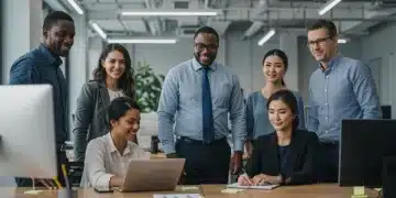 Professionals collaborating in a modern office, symbolizing US employment market growth.