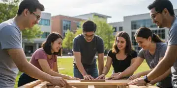 College students actively participating in an outdoor experiential learning program, collaborating on a project.