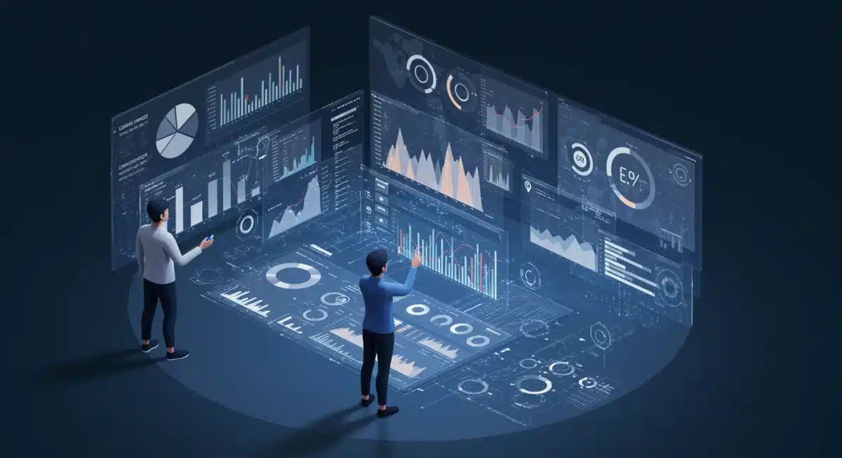 Professional analyzing complex data visualizations on a large digital display.