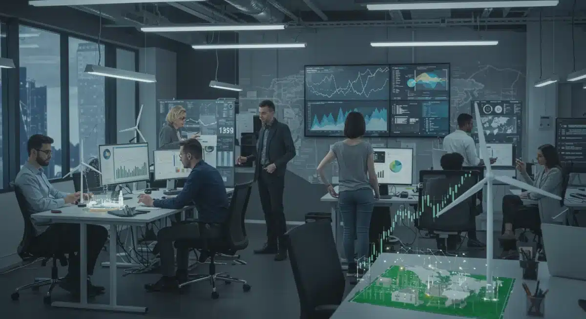 Diverse professionals collaborating in a modern office, showcasing tech and green sector innovation.