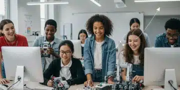 Diverse students engaged in STEM activities in a modern classroom
