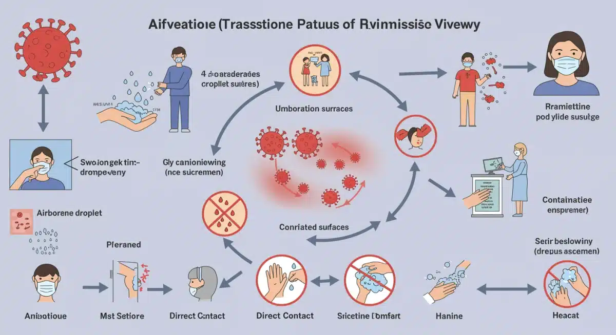Illustration of flu virus transmission and prevention methods