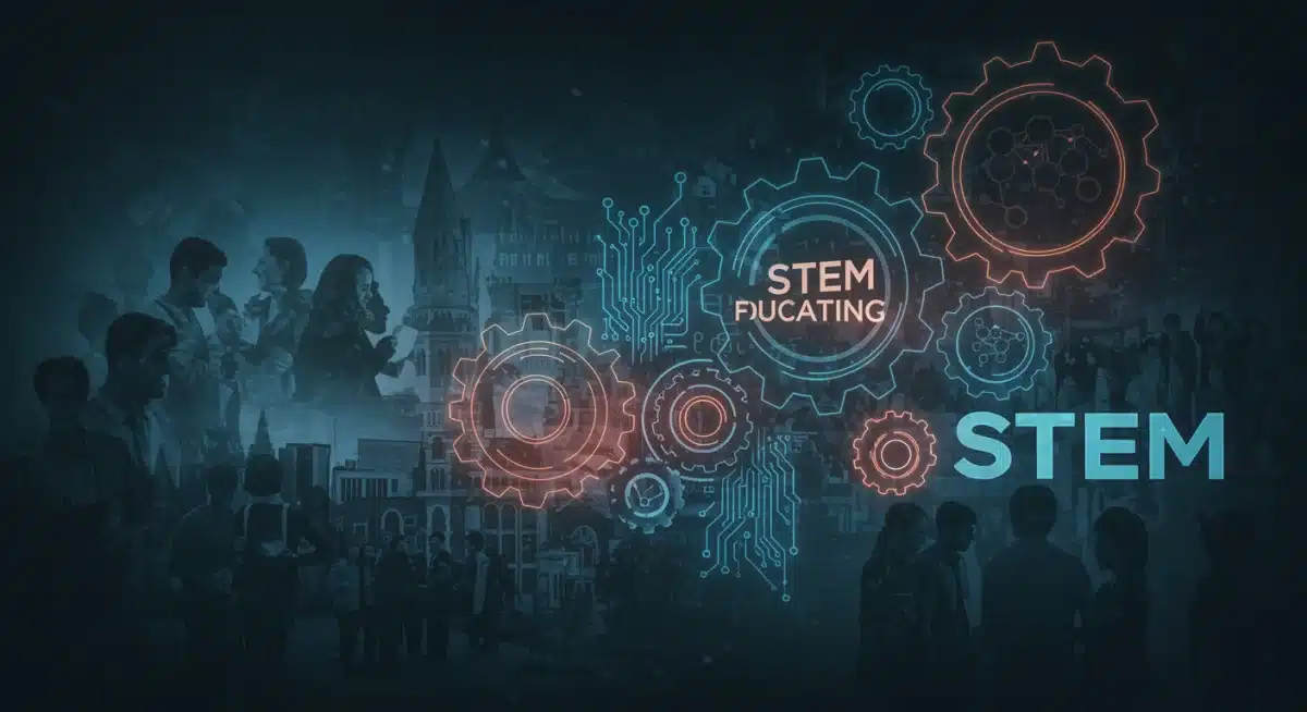 Interconnected gears and circuits symbolizing STEM collaboration