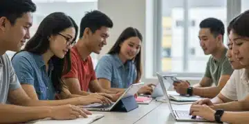 Students collaborating on digital projects in a modern classroom setting.