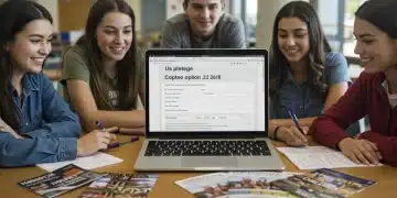 High school seniors preparing their 2026 college application forms with focus and collaboration.