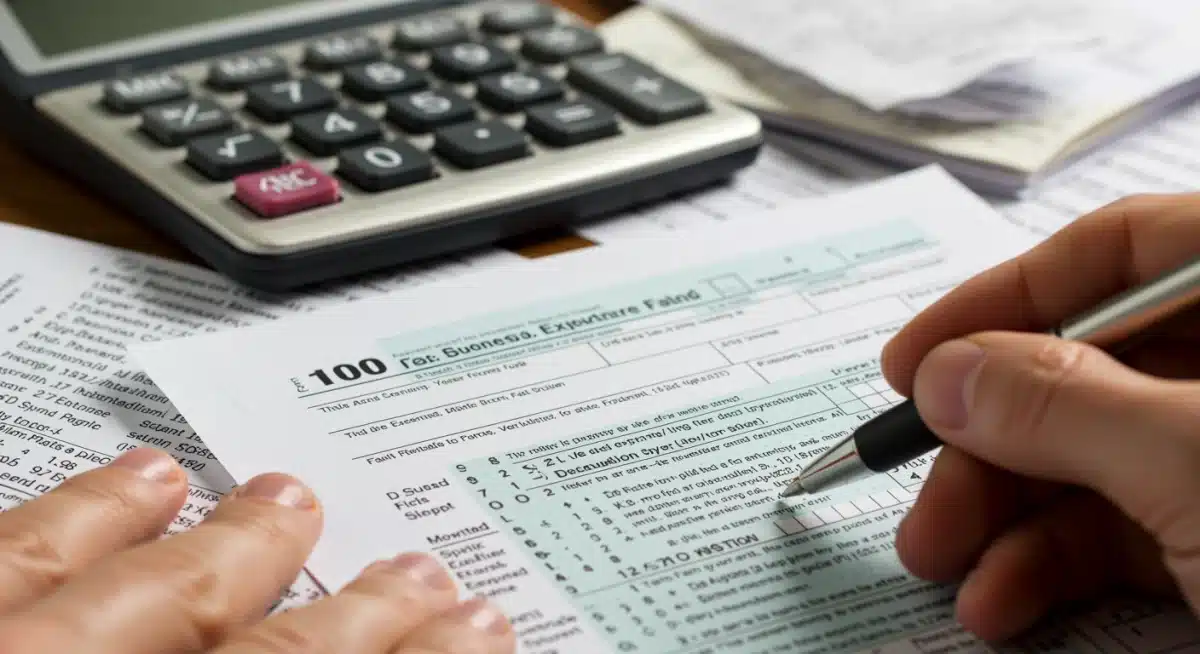 Detailed tax form with hand holding pen, showing business expense deductions