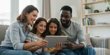 Family smiling, reviewing finances, symbolizing Child Tax Credit benefits