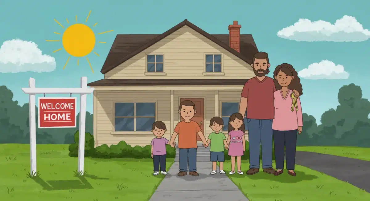 Family standing in front of their home, symbolizing housing support success