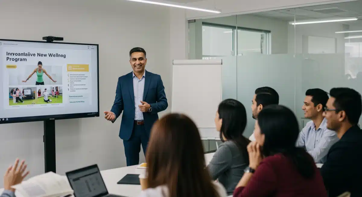 Company leader explaining new employee wellness initiatives