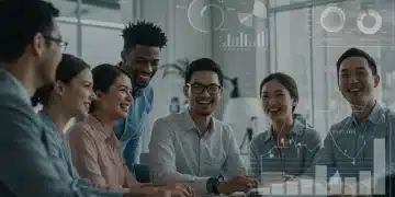 Employees strategically planning to maximize company benefits in a modern office