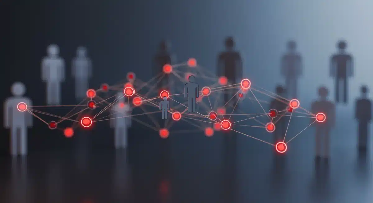 Interconnected network showing compromised data points and affected individuals