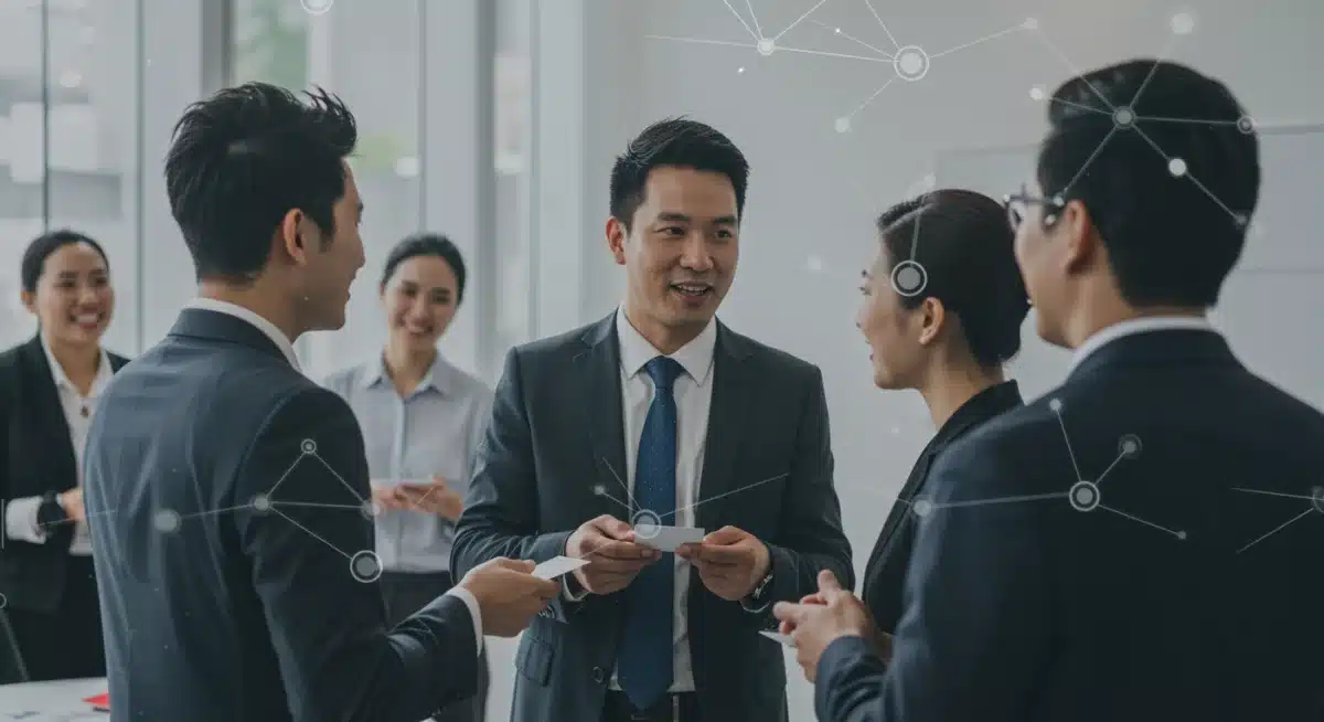 Professionals networking, highlighting career opportunities and connections fueled by new skills.