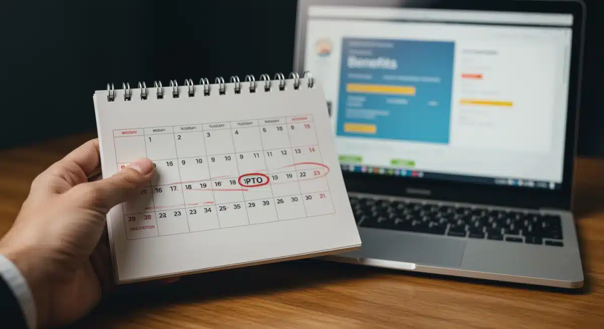 Planning PTO on a calendar with a benefits portal open on a laptop
