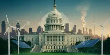 US Capitol building with renewable energy symbols, representing future energy legislation