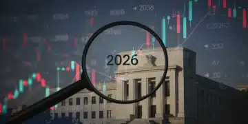Financial charts showing upward trends with 2026 highlighted, representing Federal Reserve interest rate forecasts and their effect on savings.