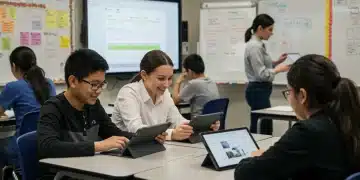 Diverse students and teachers learning collaboratively in a modern classroom.
