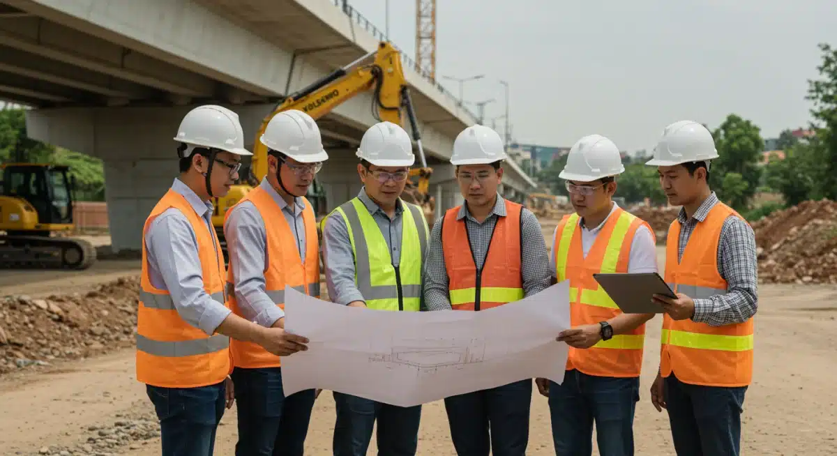 Construction workers reviewing blueprints for infrastructure project