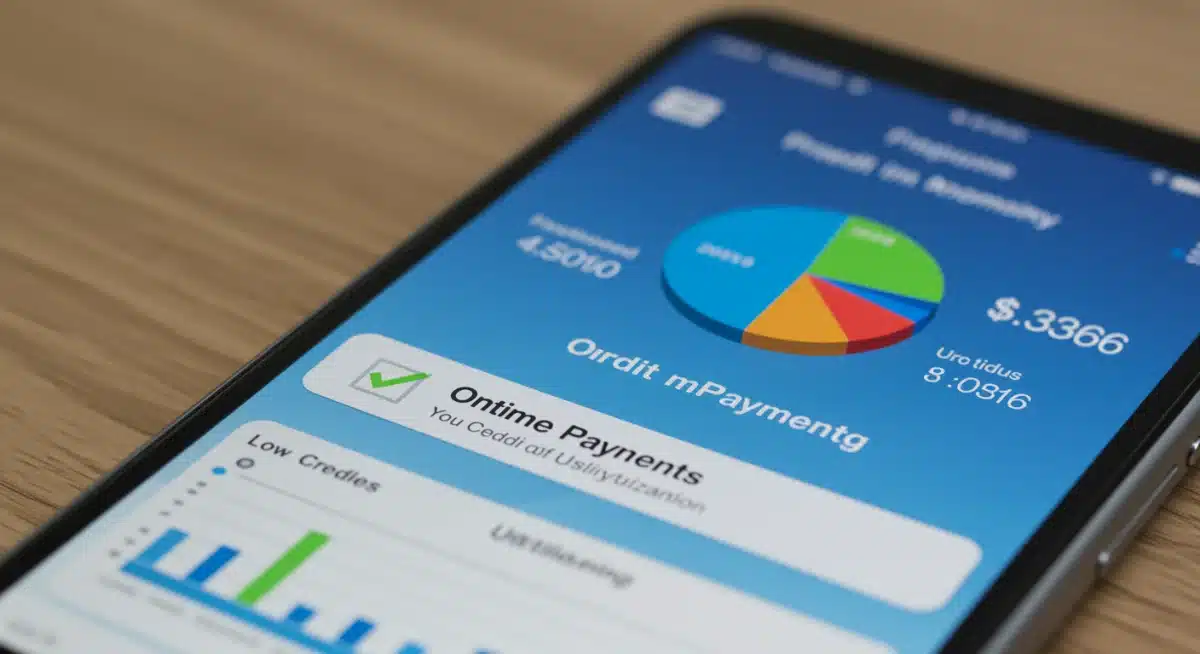 Smartphone screen showing a credit monitoring app with positive indicators for on-time payments and low credit utilization, demonstrating effective credit management.
