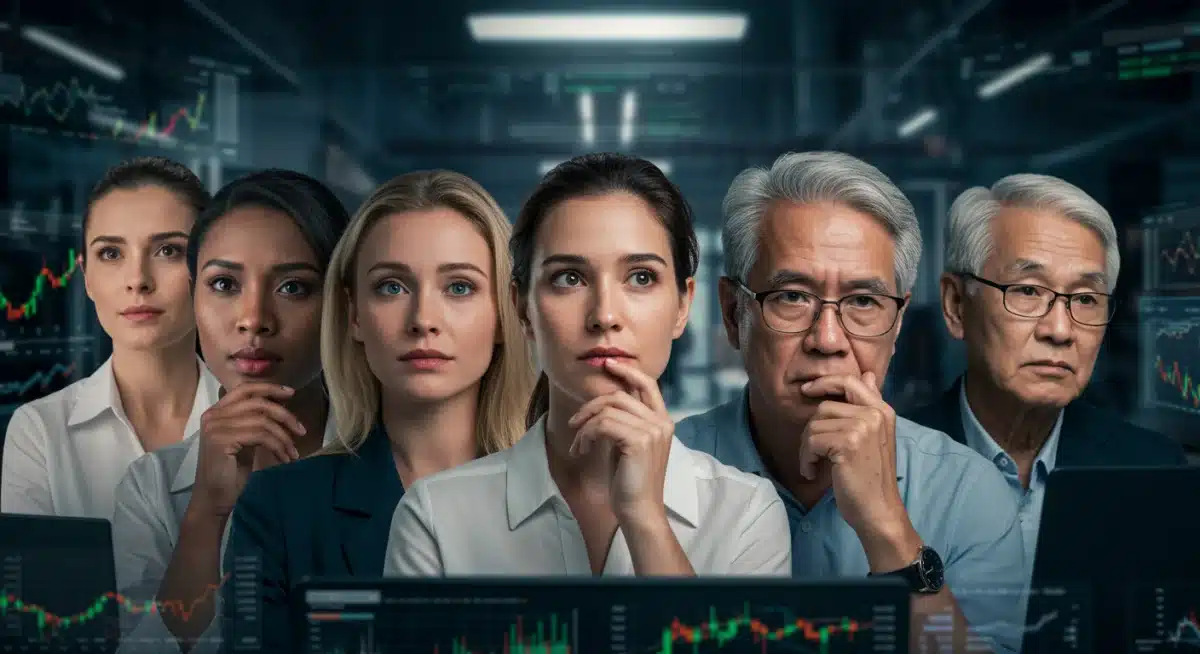 Diverse individuals reviewing financial data on screens, illustrating how different demographics are affected by interest rate changes and planning.