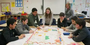 Students actively engaged in a project-based learning activity in a modern classroom setting.