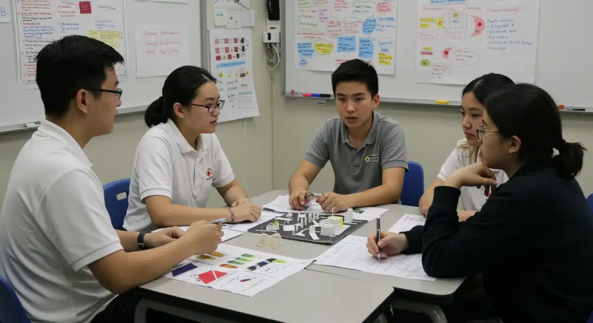 Teacher guiding students in project-based learning activity.