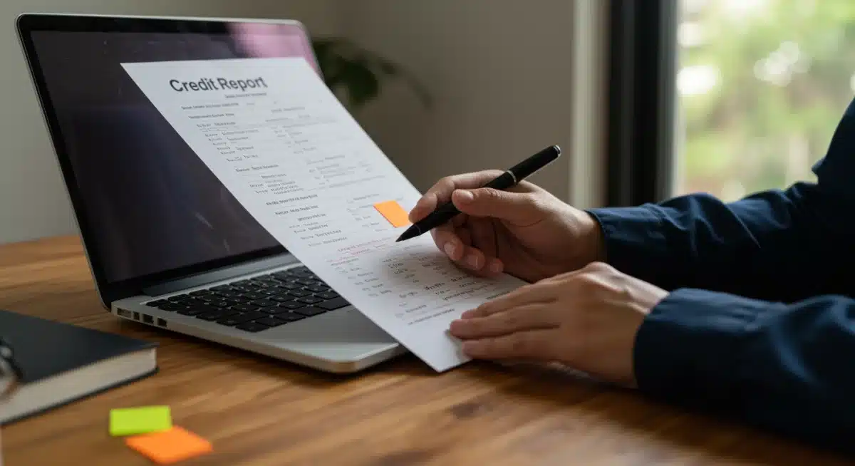 Individual meticulously reviewing a credit report on a laptop, searching for errors to dispute, emphasizing the importance of accuracy in credit history.