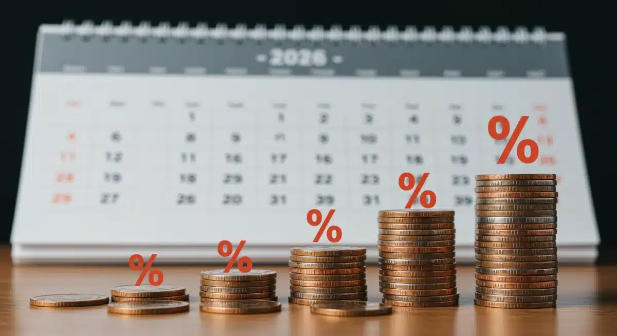 Stack of growing coins with interest percentage and 2026 calendar, symbolizing savings growth from interest rate changes.