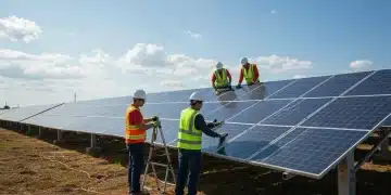 Engineers working on a solar farm installation