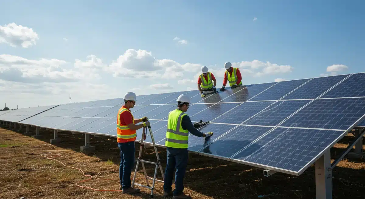 Engineers working on a solar farm installation