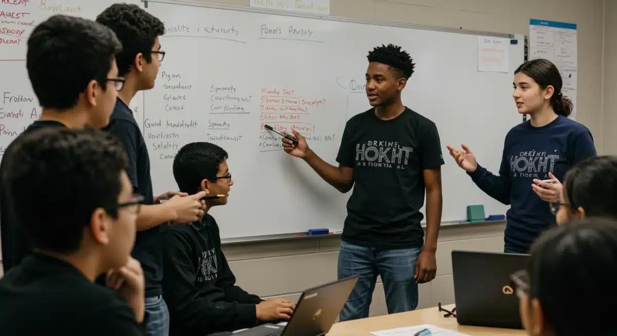 Diverse students presenting a collaborative project in a classroom.
