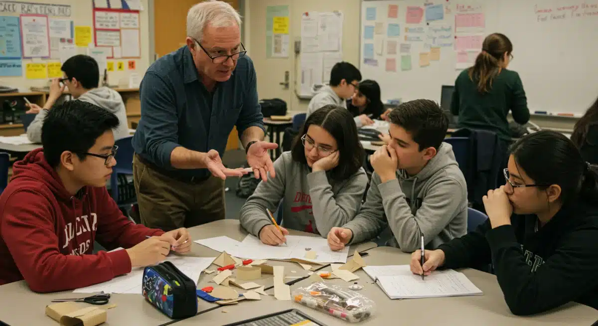 Teacher facilitating a group discussion during a project-based learning session.