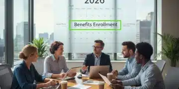 Professionals reviewing 2026 benefits enrollment documents and discussing critical coverage options in an office.